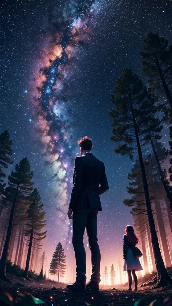 colorful forest, Sky with Stars,Glitter, a man and a Woman standing, faces