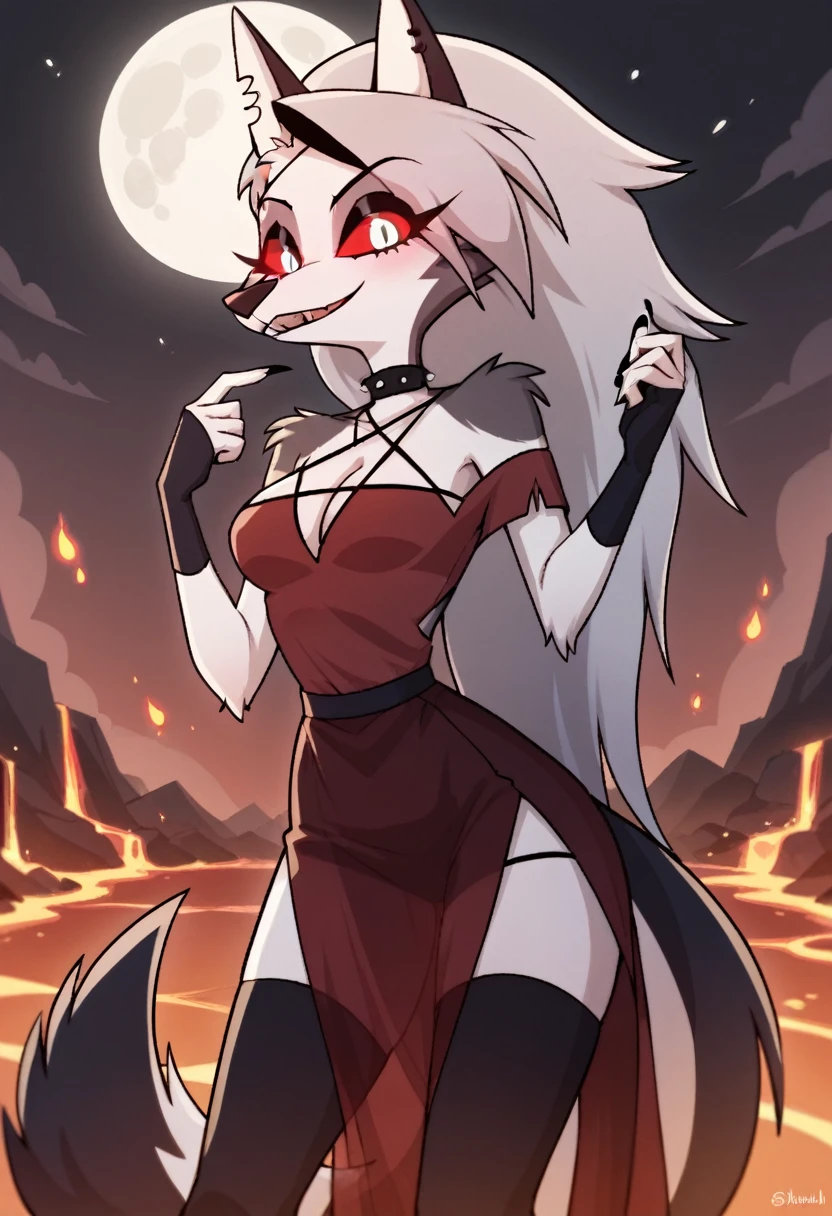 score_9, score_8_up, BREAK, source_anime, (1girl, solo), uncensored, perfect body, slim, thigh highs, fingerless gloves,
anthro, furry, pose, cleavage, blush, evil smile, teeth, hell, lava, burning, buildings in background, full moon, sexy pose, sexy red gown
Loona \(Helluva Boss\),