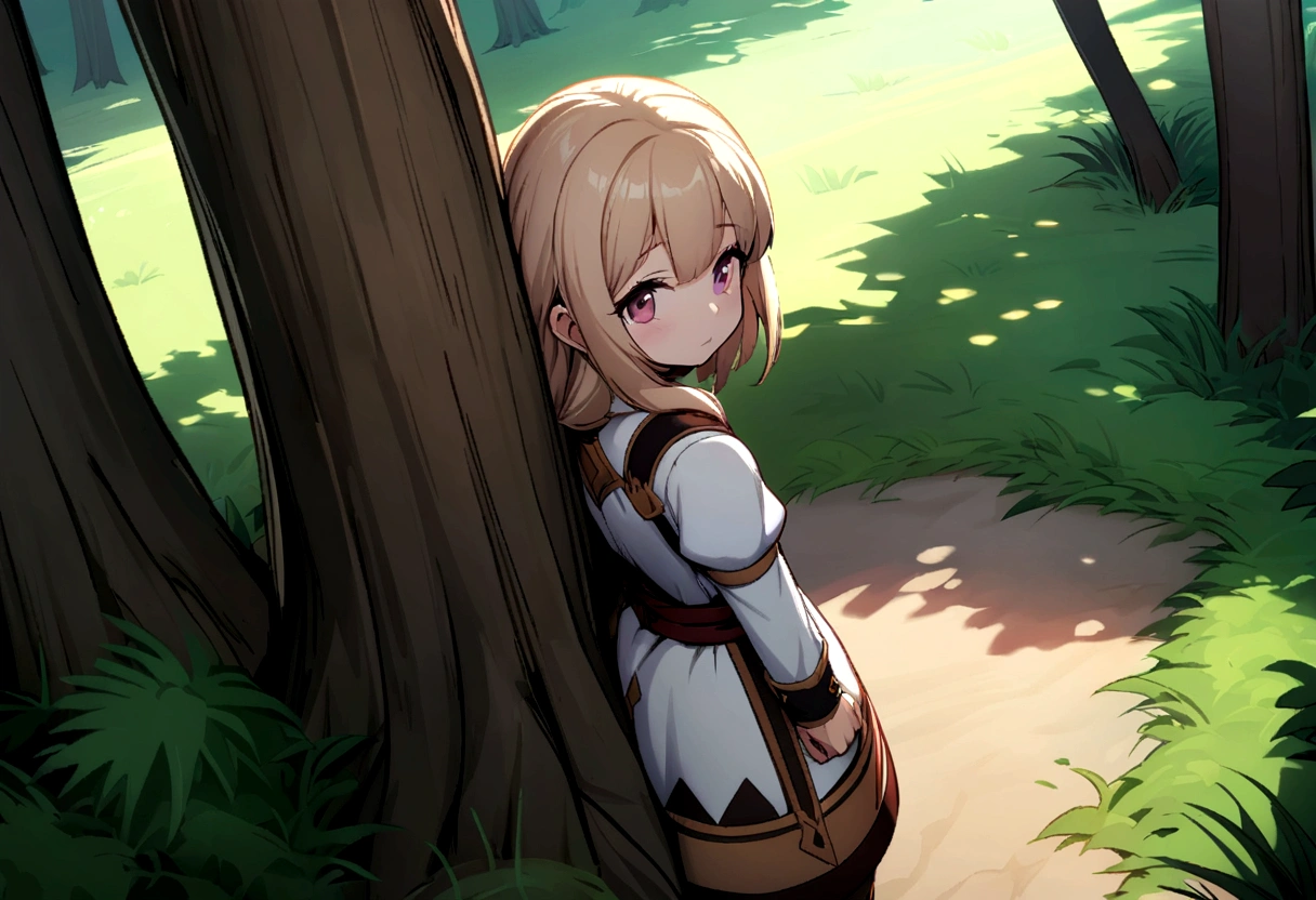 Game CG,close up,Top view,sunshine,A boy and a little girl standing back to back under a tree