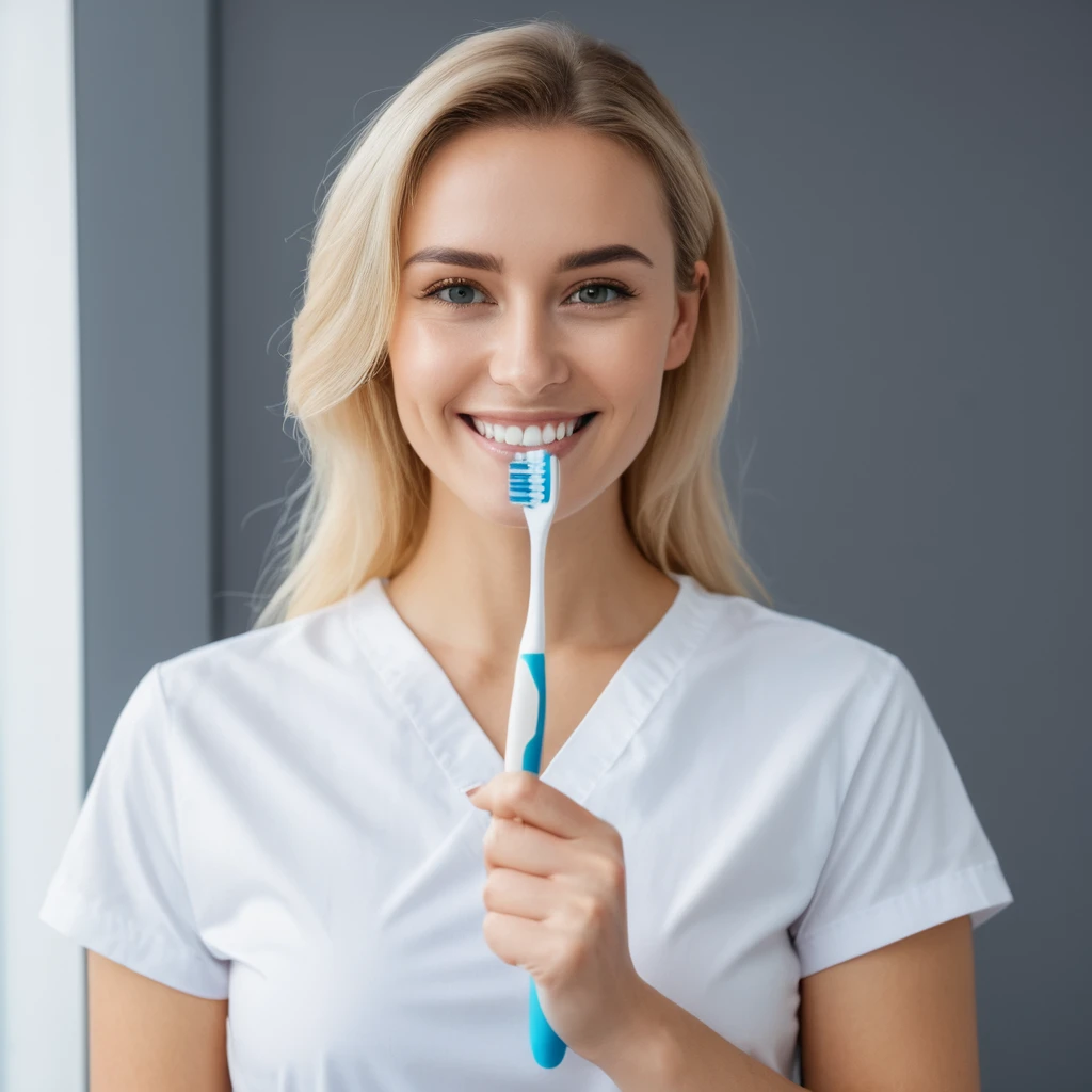 perfect quality,blond,White skin，a photo of a woman,indoor,White background,Realistic lighting,8K,4K,Looking at the camera,Wearing short sleeves,Hold a toothbrush,Smile,Show your teeth,portrait,Pretty Face