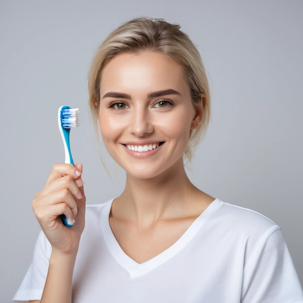 perfect quality,blond,White skin，a photo of a woman,indoor,White background,Realistic lighting,8K,4K,Looking at the camera,Wearing short sleeves,Hold a toothbrush,Smile,Show your teeth,portrait,Pretty Face