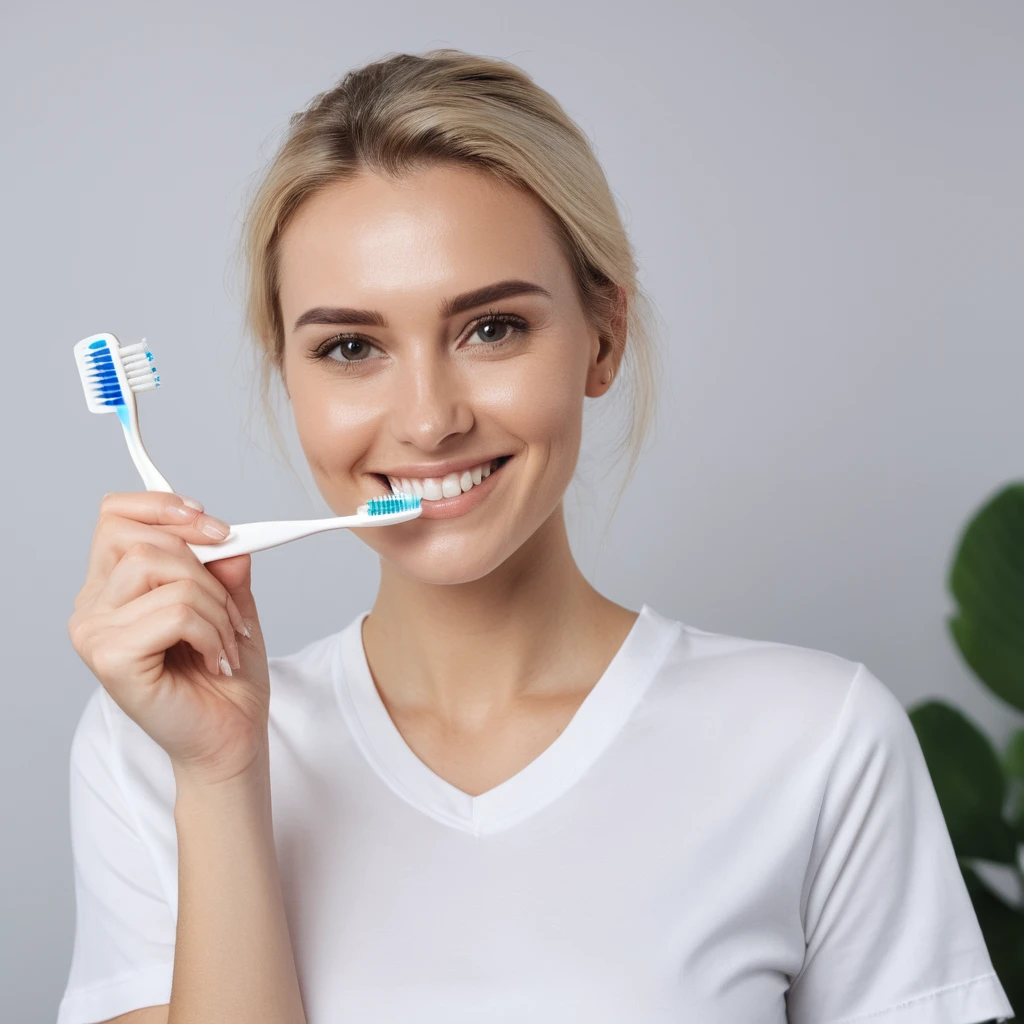 perfect quality,blond,White skin，a photo of a woman,indoor,White background,Realistic lighting,8K,4K,Looking at the camera,Wearing short sleeves,Hold a toothbrush,Smile,Show your teeth,portrait,Pretty Face