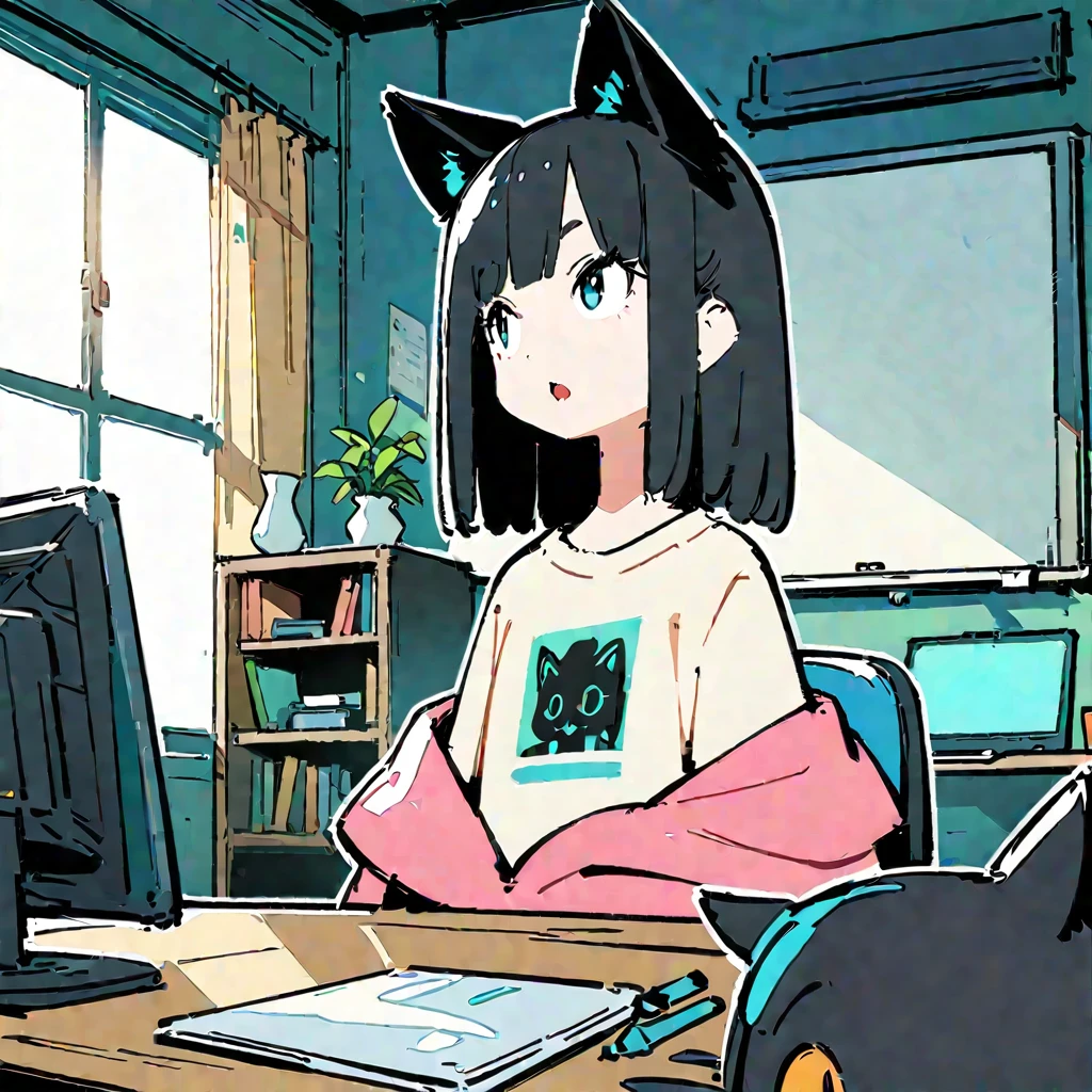 (Thick painting style),Bold line, ((masterpiece,)),(((Highest quality))),(sketch),((computer,Whiteboard,Bookshelf,Chair,illumination,window,vase)),(((Girls in their 20s, Mouth open))),Short black hair,Black cat ears,T-Shirts,jeans,Character Portrait,Full Art