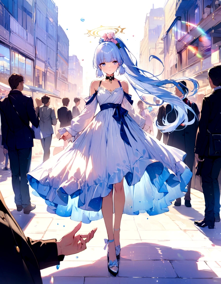 (masterpiece), (highest quality), (ultra detailed), (dish-shaped hair), (people), (one girl), (fashionable clothes), standing, fashion model, looking at viewer, (interview), (simple background), beautiful and delicate eyes, delicate beauty, floating, (high saturation), (colorful splashes), colorful bubbles, (sparkles), focus on face, ponytail, Ayaka Kamisato, light blue hair, bangs, hair halo, floating flower, flowing hair, (luster), best writing, best shadows, full body, looking