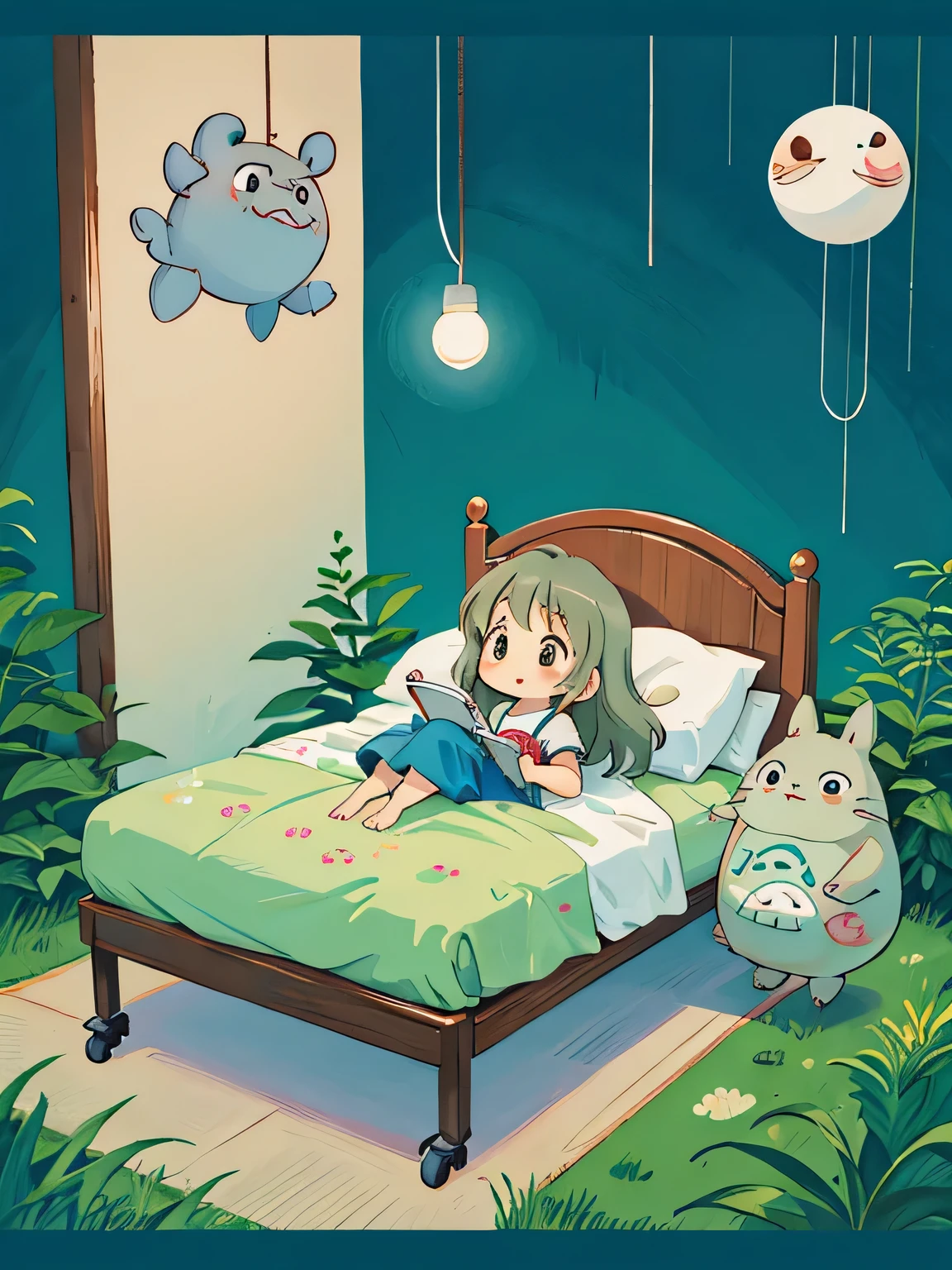 Hayao Miyazaki style、Kawaii Design, The most beautiful girl of all time, chibi, dinner, hospital bed, totoro