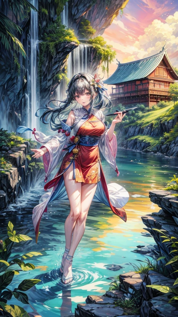 印象派水彩风景画展现了一座乡村住宅岌岌可危地坐落在一条peaceful的流河旁, Sunset,The sky is full of colorful scenes,The surrounding leaves and calm water also reflect its light, Quaint Residence, Calm river, Sunset, Gorgeous sunset, Lush nature, twilight, Texture, Lush leaves, peaceful, Reflections in water, Warm colors, With a big stroke of the pen, Dreamy atmosphere, Gradient sky, Soft lighting, Artistic Impression
