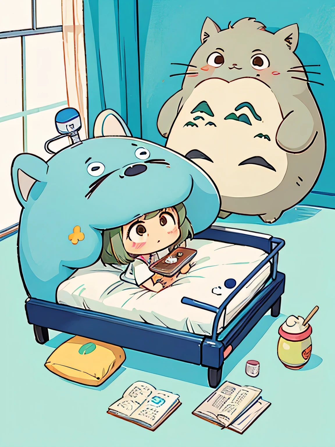 Hayao Miyazaki style、Kawaii Design, The most beautiful girl of all time, chibi, dinner, hospital bed, totoro