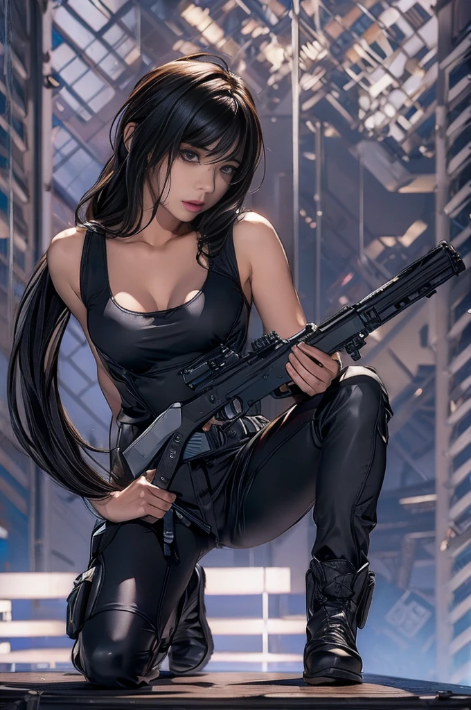 Elaizaikedareal, 1girl, long hair, breasts, looking at viewer, bangs, large breasts, black hair, holding, standing, full body, weapon, outdoors, solo focus, holding weapon, lips, gun, bodysuit, night, holding gun, skin tight, handgun, black bodysuit, cyberpunk, latex bodysuit