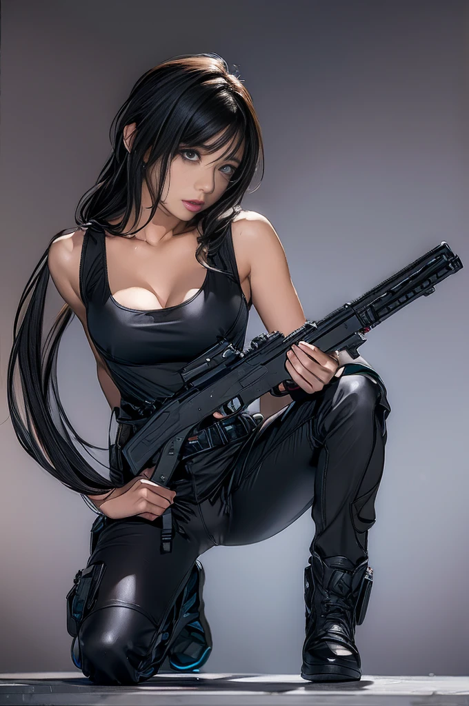 Elaizaikedareal, 1girl, long hair, breasts, looking at viewer, bangs, large breasts, black hair, holding, standing, full body, weapon, outdoors, solo focus, holding weapon, lips, gun, bodysuit, night, holding gun, skin tight, handgun, black bodysuit, cyberpunk, latex bodysuit