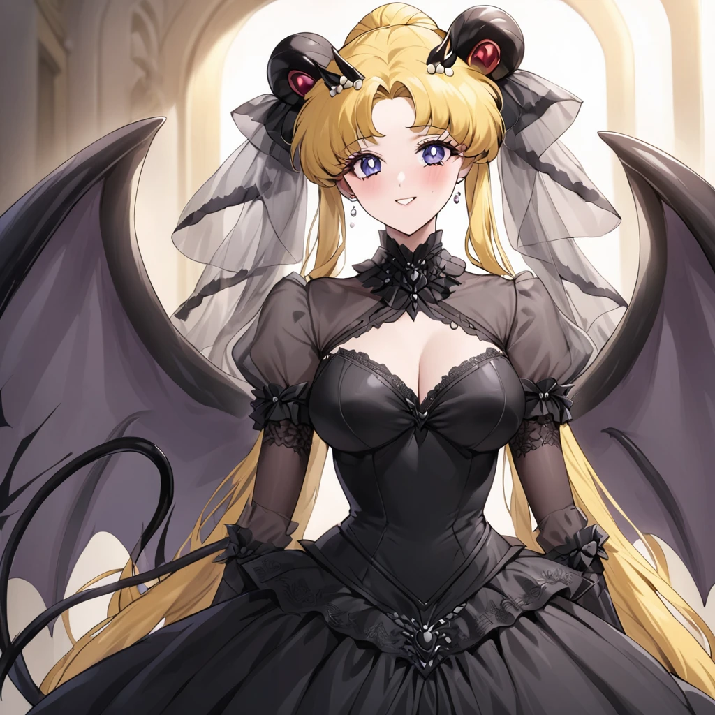 ((Highest quality)), ((masterpiece)), (detailed), (Perfect Face)、The woman is Demon Princess Serenityで女は漆黒の肌のセクシーな女悪魔のデーモンプリンセスセレニティ、The woman is a jet-black female demon with magnificent devil horns, jet-black devil wings, and a jet-black tail. Her skin is jet-black, she is wearing a gorgeous black Gothic Victorian wedding dress and a black wedding veil, and she is looking at the camera with a happy expression. She is the jet-black demon Demon Princess Serenity, and has blonde hair.2The expression of a girl in love with her long hair tied up、The woman is Demon Princess Serenity