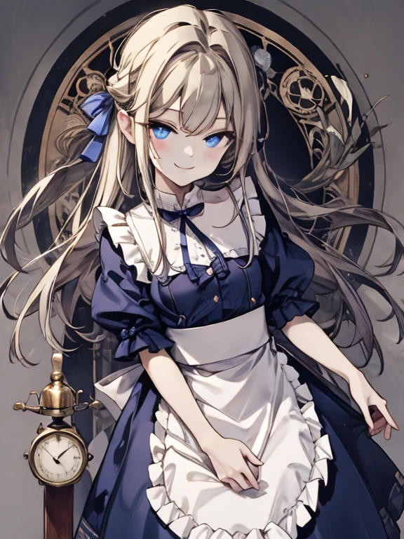 masterpiece, Highest quality, Very detailed, 16K, Ultra-high resolution, Cowboy Shot, Alice in Wonderland, (art nouveau:1.4), 10-year-old girl, Detailed face, (smile:1.5), blue eyes, Blonde, ,half updo, Ribbon on head, Blue clothes, Plain white apron, 大きなclockのある部屋で, clock, 壁clock, Music Box