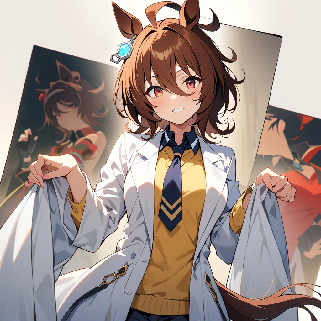 (8k, RAW photo, highest quality, masterpiece), (solo, 1 girl, ahoge: 1.2), ink painting, Uma Musume, shine, horse ears, horse tail, Uma Musume, 5 fingers, dynamic lighting, High resolution, sharp focus, depth of field, fashionable, elegance, charming, seductive, gorgeous, stunning, beautiful, charming, cute, beautiful detailed face, beautiful detailed eyes, soft expression, slim beautiful figure, Curvy, slender arms, graceful hands, delicate fingers, slender wrists, elegant neck, smooth skin, dynamic angles, perfect composition, Perfect anatomy, natural fingers, 5 fingers,((Agnes Tachyon \(umamusume\),Short hair,Red Eyes, Yellow sweater, navy blue tie, short tie, lab coat,Long-sleeved coat, hands hidden ,Confident look, devil look, final boss look, condescending look, mad scientist look,Devil's Smile