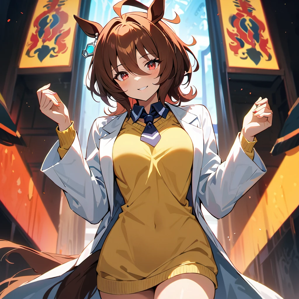 (8k, RAW photo, highest quality, masterpiece), (solo, 1 girl, ahoge: 1.2), ink painting, Uma Musume, shine, horse ears, horse tail, Uma Musume, 5 fingers, dynamic lighting, High resolution, sharp focus, depth of field, fashionable, elegance, charming, seductive, gorgeous, stunning, beautiful, charming, cute, beautiful detailed face, beautiful detailed eyes, soft expression, slim beautiful figure, Curvy, slender arms, graceful hands, delicate fingers, slender wrists, elegant neck, smooth skin, dynamic angles, perfect composition, Perfect anatomy, natural fingers, 5 fingers,((Agnes Tachyon \(umamusume\),Short hair,Red Eyes, Yellow sweater, navy blue tie, short tie, lab coat,Long-sleeved coat, hands hidden ,Confident look, devil look, final boss look, condescending look, mad scientist look,Devil's Smile