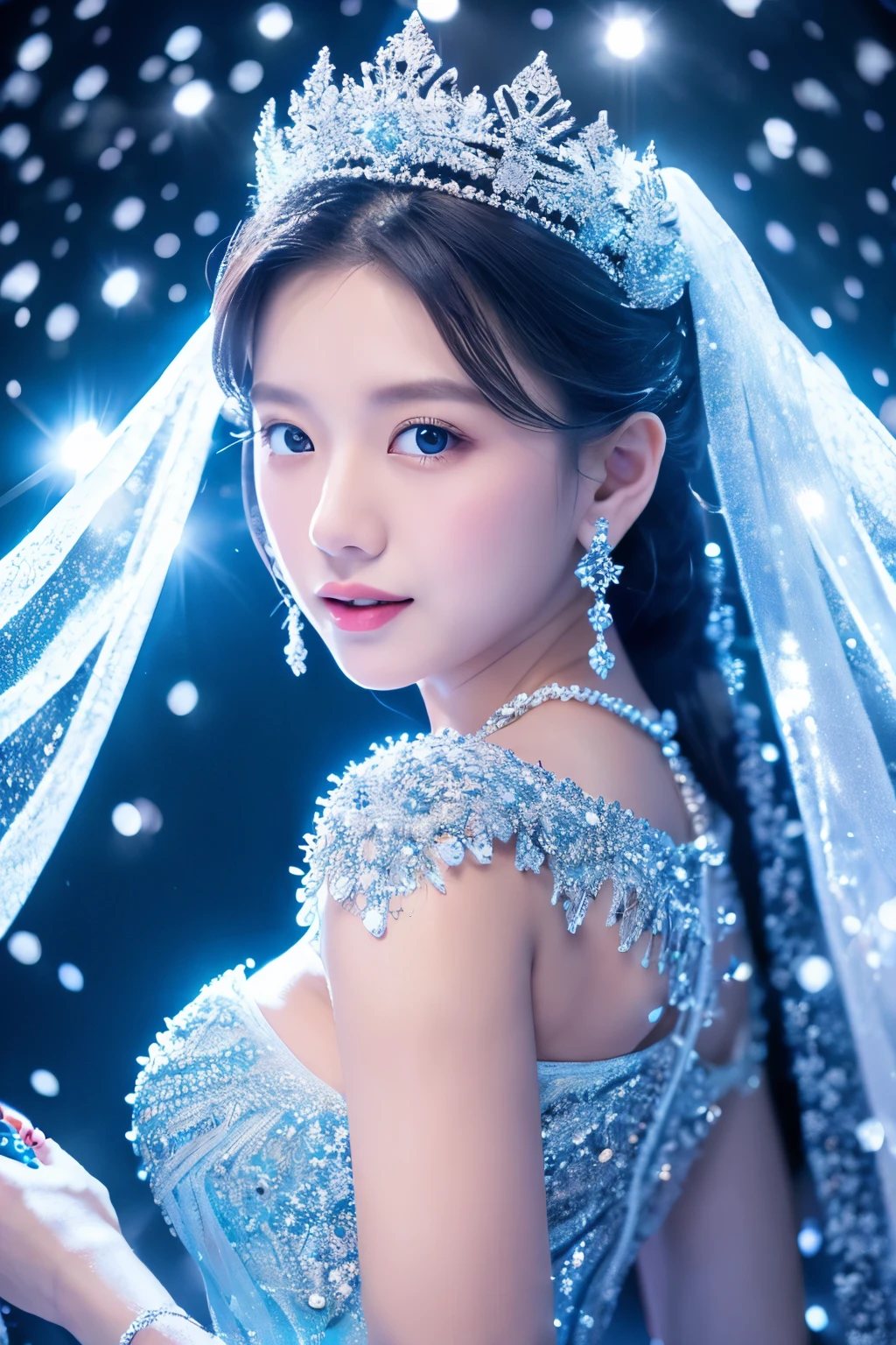 Create a high-quality, hyper-realistic photo of a snow princess inside the most luxurious palace made of intricately shining transparent ice. The scene should be in 8k resolution, featuring a detailed ice palace with elegant pillars and a beautiful ice ceiling. The composition is symmetrical, filled with fantastic light blue light and sacred, mysterious elements. The snow princess has glowing skin as white as snow, beautiful silver light blue hair, and is wearing a glittering silver-white jeweled dress of the highest quality, adorned with elegant decorations and jewelry embellishments. She is standing, and the photo captures her upper body with a blurred background of a detailed, realistic ice palace. Snow is gently falling around her, and she is surrounded by a fantastic soft light, with amazing movie lighting effects creating a magical atmosphere.