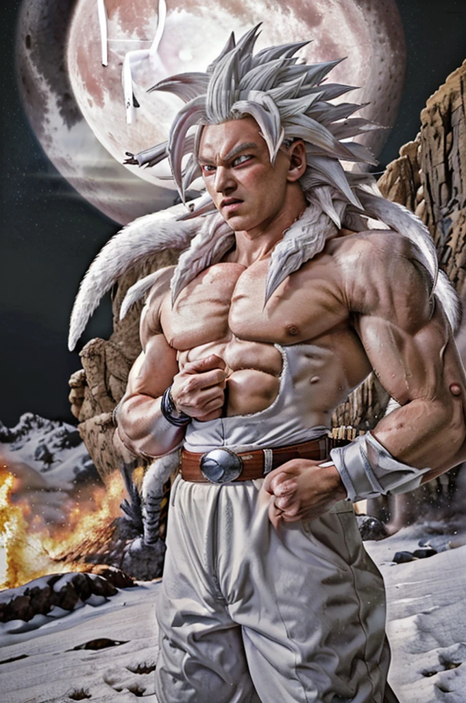 ((masterpiece,best quality)), absurdres, Super_Saiyan_5_Goku, 1boy, male focus, (white fur:1), red eyes, tail, white hair,  solo,  looking at viewer, cowboy shot, scifi background, giant moon, starry sky,