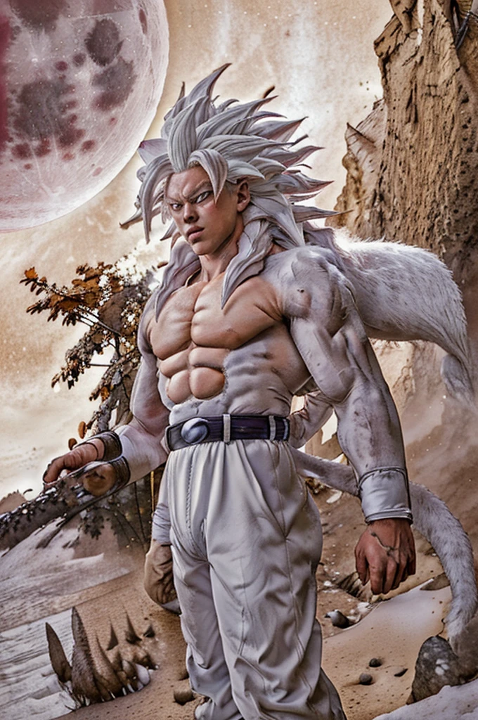 ((masterpiece,best quality)), absurdres, Super_Saiyan_5_Goku, 1boy, male focus, (white fur:1), red eyes, tail, white hair,  solo,  looking at viewer, cowboy shot, scifi background, giant moon, starry sky,