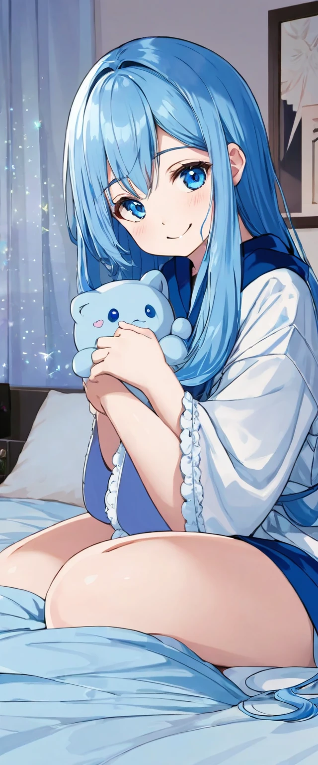 (love style) (solo, *****, forehead blue hair beautiful long hair lovely girl, cute blue eyes, ecstasy smile), (in a detailed night robe), (in the night, night bedroom), BREAK, perfect anatomy, masterpiece, best quality, 16k, beautiful detailed night, daydreaming expression