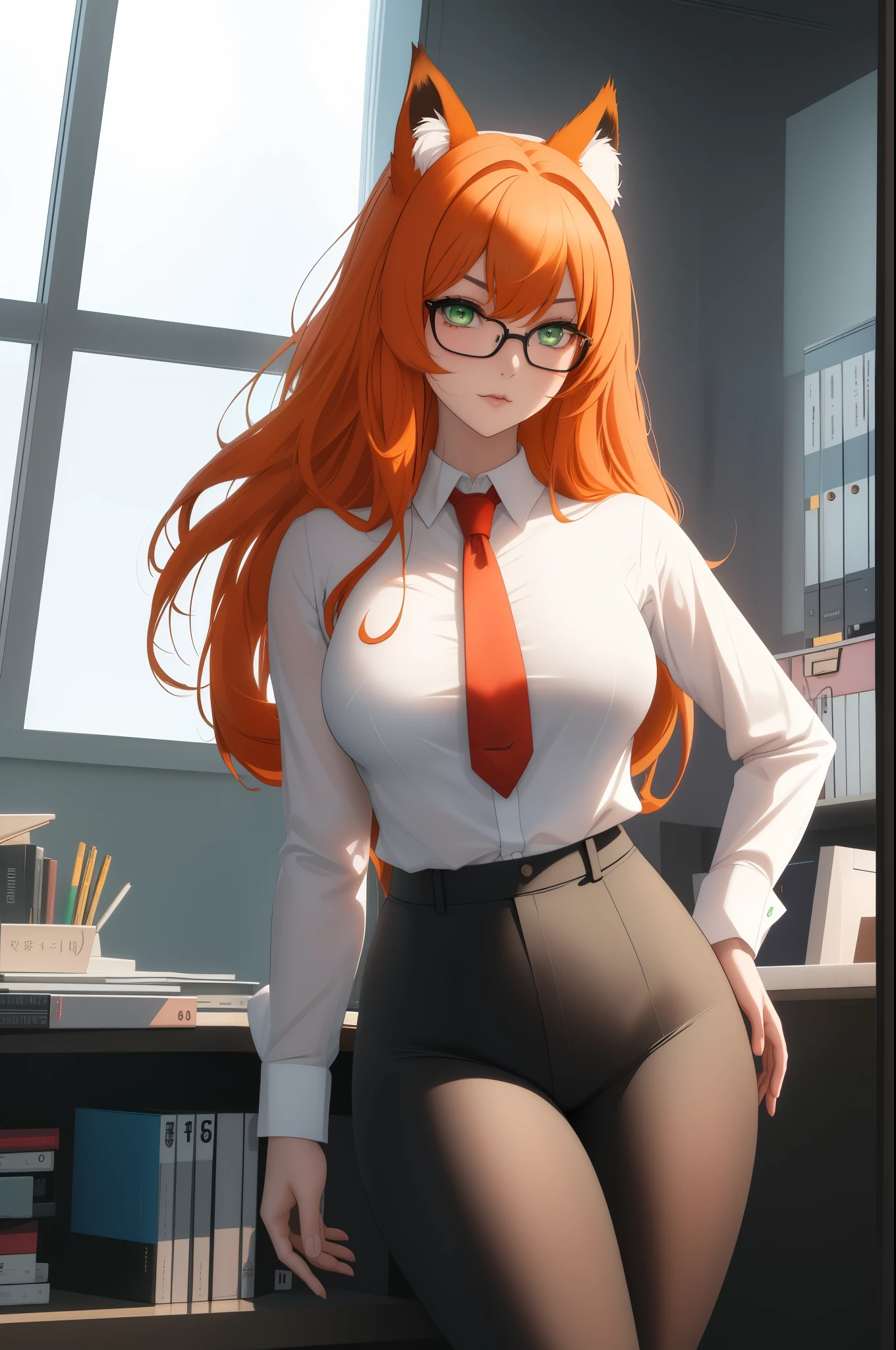 (masterpiece, Best quality), 8K, ultra detailed, realistic photo, Detailed face, perfect lighting, green eyes, bright orange hair, bright hair, fox ears, nice legs, side photo, beautiful, Cute, skin pores, 1 girl, perfect shirt, fully dressed, beautiful women 30 years old, Beautiful proportions, Russian woman, Caucasian, European, Business lady, stunningly beautiful woman, mother, thick legs, show ass, big breasts, (Thin white shirt:1.4), thick, hot, (White Office Wear:1.4), tight pants, (wide hips:1.2), thick, (white Office pants:1.3), spread your legs, Legs open, full length, wide hips, Glasses, with long orange hair, standing on the beach near the ocean, green eyes detailed digital anime art, cat ear, anime girl with long hair, гладкое аниме cg art, anime girl with long hair, digital anime art, work in Guweiz style, Beautiful anime portrait, Photorealistic render of an anime girl, pantyhose, Beautiful anime girl, advanced digital anime art, guweiz на artstation pixiv HD UHD HQ