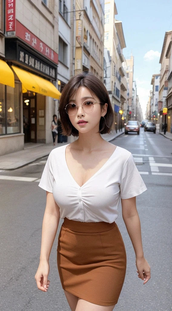 8K、High resolution、high quality、Realistic、whole body、expensive、all、short hair、Brown Hair、double、woman、Late 20s、Long face、Japanese、expensive鼻、Straight nose、Mid-chest、のwoman、Small face、Round face、Franceの街並み、walk、sunglasses、short hair、Big Breasts、Daytime、White Y-shirt、Pencil Skirt、Heel、France、Europe、outside、shopping、Square、Clothes that hide the chest area、Brick cityscape
