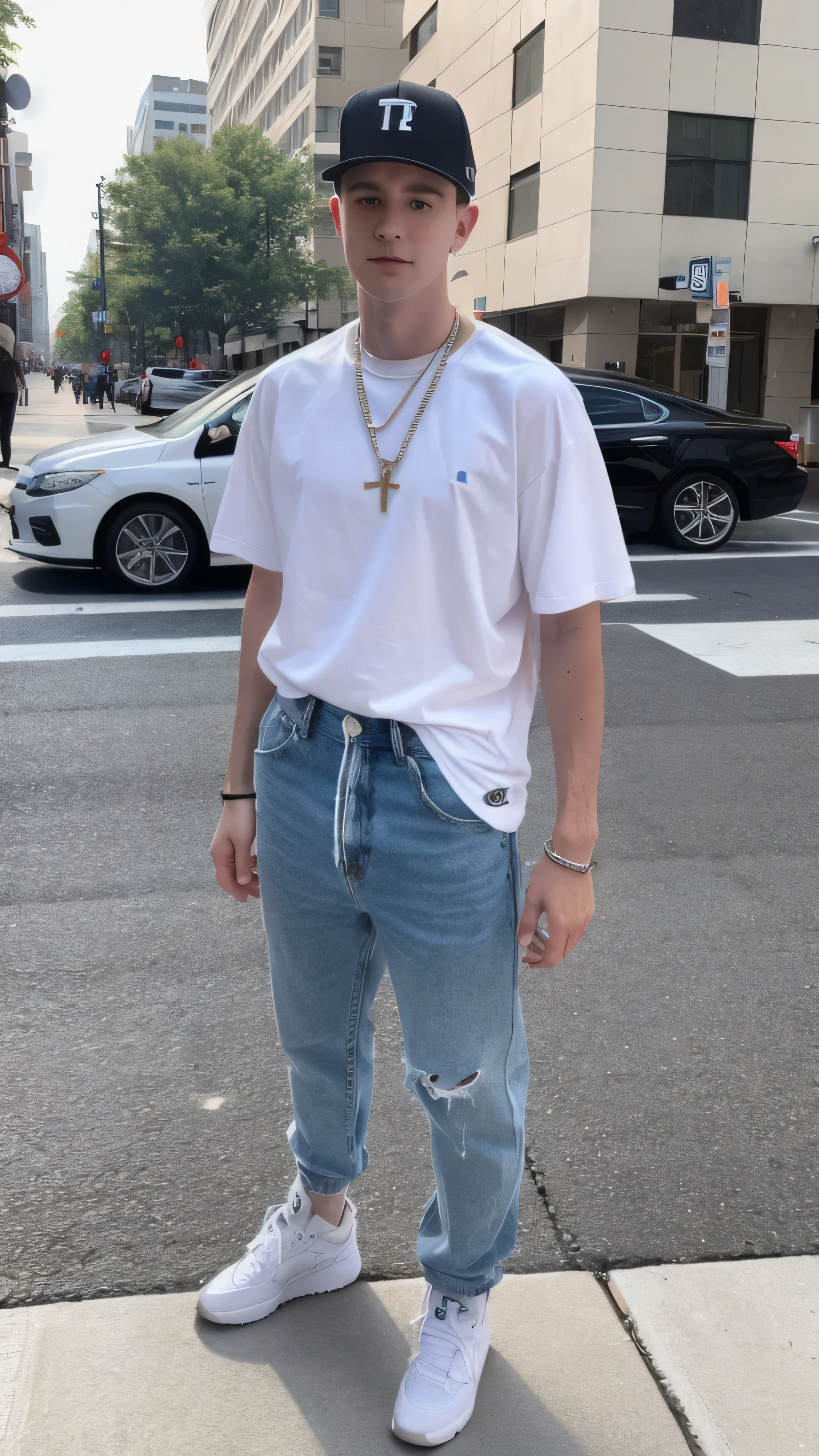A young, strong white American，Wearing a white T-shirt，8K，Hyperrealism，is a rapper，Stand on the street，full-body shot