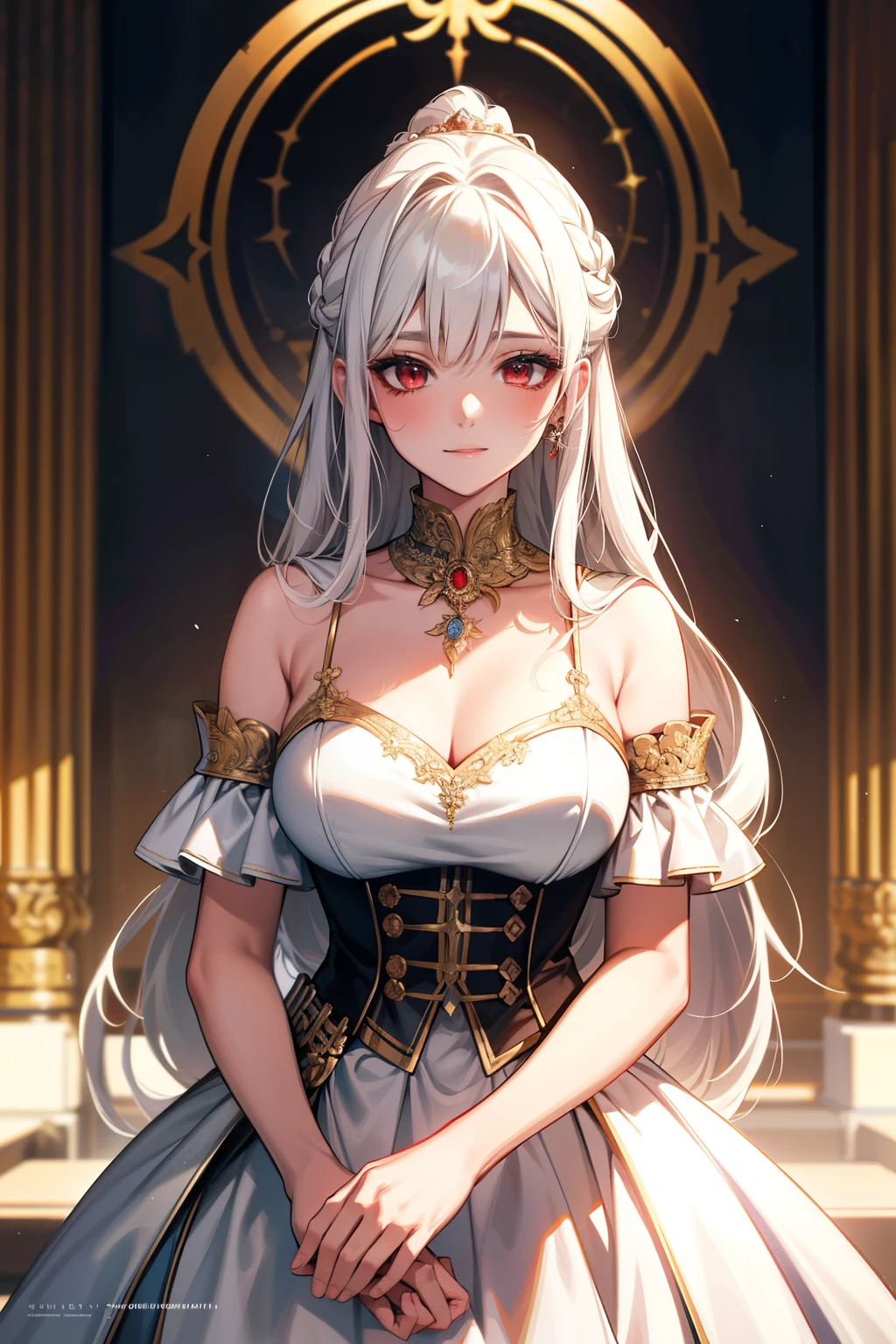 (best quality:1.1), (Masterpiece:1.2), lady, Shiny white hair, red eyes, long hair, ใบหน้าbeautiful, luxary dress, Big breasts, beautiful, collarbone, Bright face, Royal high, hall background, ริมฝีปากอมชมพู, เครื่องประดับหรูหรา ((Highest quality, Best Performance, Maximum details, Light and shadow details:1.2, 4k details))