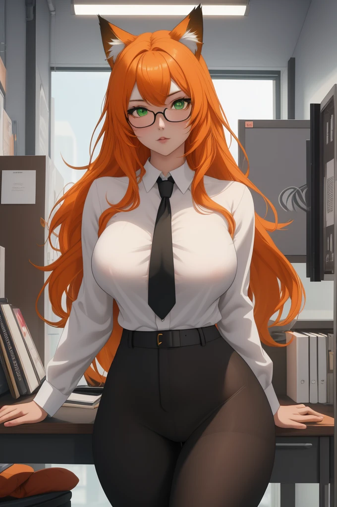 (masterpiece, Best quality), 8K, ultra detailed, realistic photo, Detailed face, perfect lighting, green eyes, bright orange hair, bright hair, fox ears, nice legs, side photo, beautiful, Cute, skin pores, 1 girl, perfect shirt, fully dressed, beautiful women 30 years old, Beautiful proportions, Russian woman, Caucasian, European, Business lady, stunningly beautiful woman, mother, thick legs, show ass, big breasts, (Thin white shirt:1.4), thick, hot, (White Office Wear:1.4), tight pants, (wide hips:1.2), thick, (white Office pants:1.3), spread your legs, Legs open, full length, wide hips, Glasses, with long orange hair, standing on the beach near the ocean, green eyes detailed digital anime art, cat ear, anime girl with long hair, гладкое аниме cg art, anime girl with long hair, digital anime art, work in Guweiz style, Beautiful anime portrait, Photorealistic render of an anime girl, pantyhose, Beautiful anime girl, advanced digital anime art, guweiz на artstation pixiv HD UHD HQ
