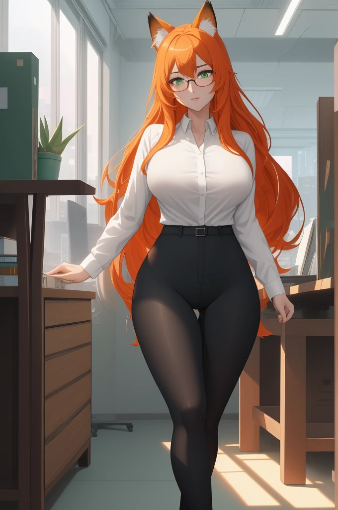 (masterpiece, Best quality), 8K, ultra detailed, realistic photo, Detailed face, perfect lighting, green eyes, bright orange hair, bright hair, fox ears, nice legs, side photo, beautiful, Cute, skin pores, 1 girl, perfect shirt, fully dressed, beautiful women 30 years old, Beautiful proportions, Russian woman, Caucasian, European, Business lady, stunningly beautiful woman, mother, thick legs, show ass, big breasts, (Thin white shirt:1.4), thick, hot, (White Office Wear:1.4), tight pants, (wide hips:1.2), thick, (white Office pants:1.3), spread your legs, Legs open, full length, wide hips, Glasses, with long orange hair, standing on the beach near the ocean, green eyes detailed digital anime art, cat ear, anime girl with long hair, гладкое аниме cg art, anime girl with long hair, digital anime art, work in Guweiz style, Beautiful anime portrait, Photorealistic render of an anime girl, pantyhose, Beautiful anime girl, advanced digital anime art, guweiz на artstation pixiv HD UHD HQ