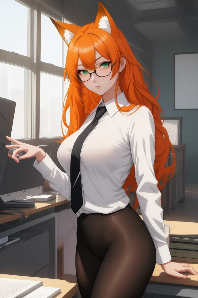 (masterpiece, Best quality), 8K, ultra detailed, realistic photo, Detailed face, perfect lighting, green eyes, bright orange hair, bright hair, fox ears, nice legs, side photo, beautiful, Cute, skin pores, 1 girl, perfect shirt, fully dressed, beautiful women 30 years old, Beautiful proportions, Russian woman, Caucasian, European, Business lady, stunningly beautiful woman, mother, thick legs, show ass, big breasts, (Thin white shirt:1.4), thick, hot, (White Office Wear:1.4), tight pants, (wide hips:1.2), thick, (white Office pants:1.3), spread your legs, Legs open, full length, wide hips, Glasses, with long orange hair, standing on the beach near the ocean, green eyes detailed digital anime art, cat ear, anime girl with long hair, гладкое аниме cg art, anime girl with long hair, digital anime art, work in Guweiz style, Beautiful anime portrait, Photorealistic render of an anime girl, pantyhose, Beautiful anime girl, advanced digital anime art, guweiz на artstation pixiv HD UHD HQ