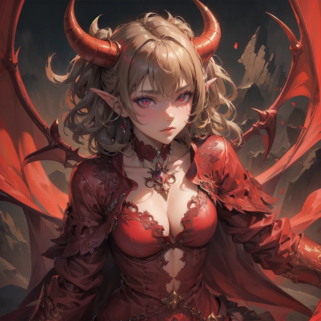 masterpiece, (textured skin), best quality, gorgeous beautiful girl, (a devil), detailed clothes,large breasts,narrow waist,, (beautiful face), cinematic lighting, (fantasy anime art ),