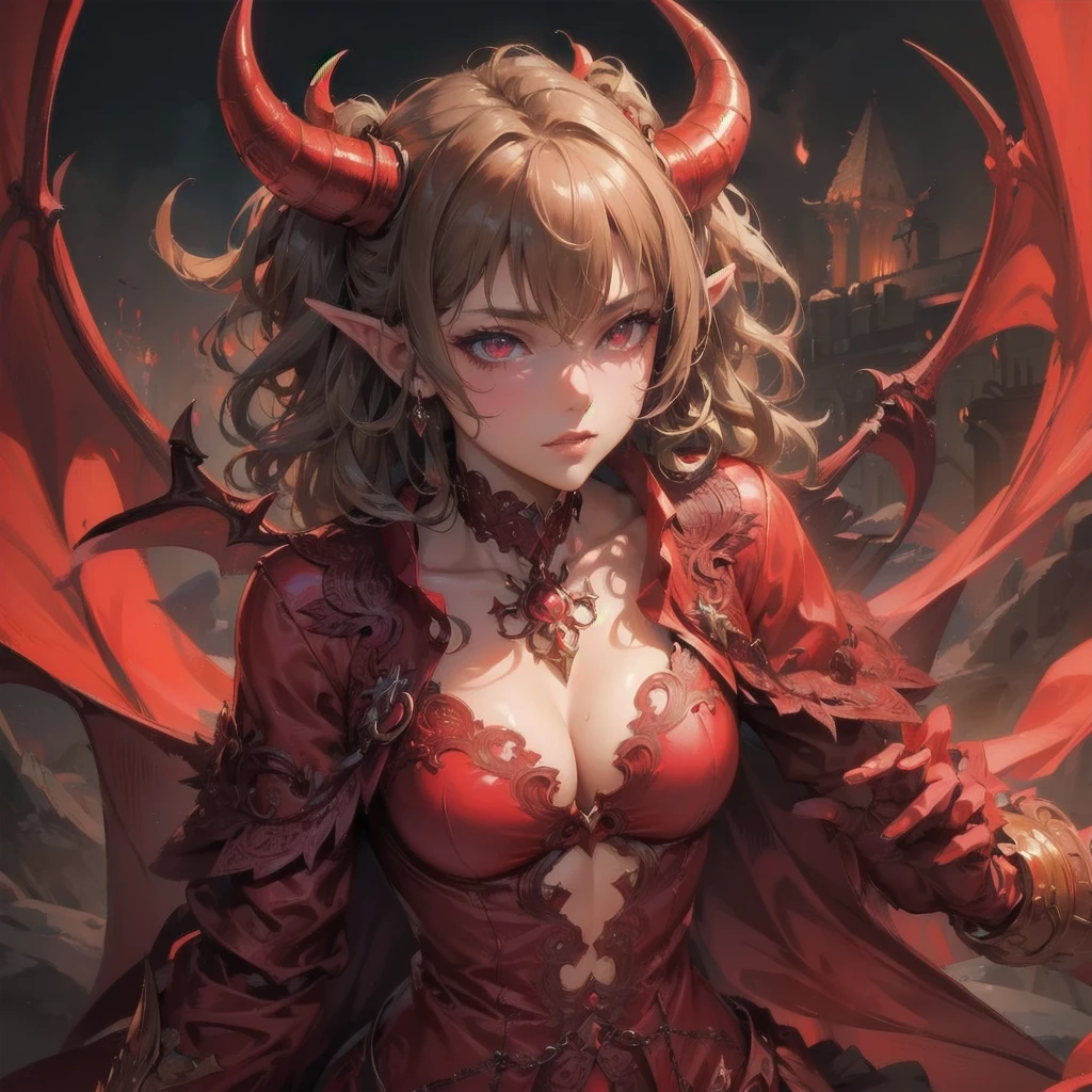 masterpiece, (textured skin), best quality, gorgeous beautiful girl, (a devil), detailed clothes,large breasts,narrow waist,, (beautiful face), cinematic lighting, (fantasy anime art ),