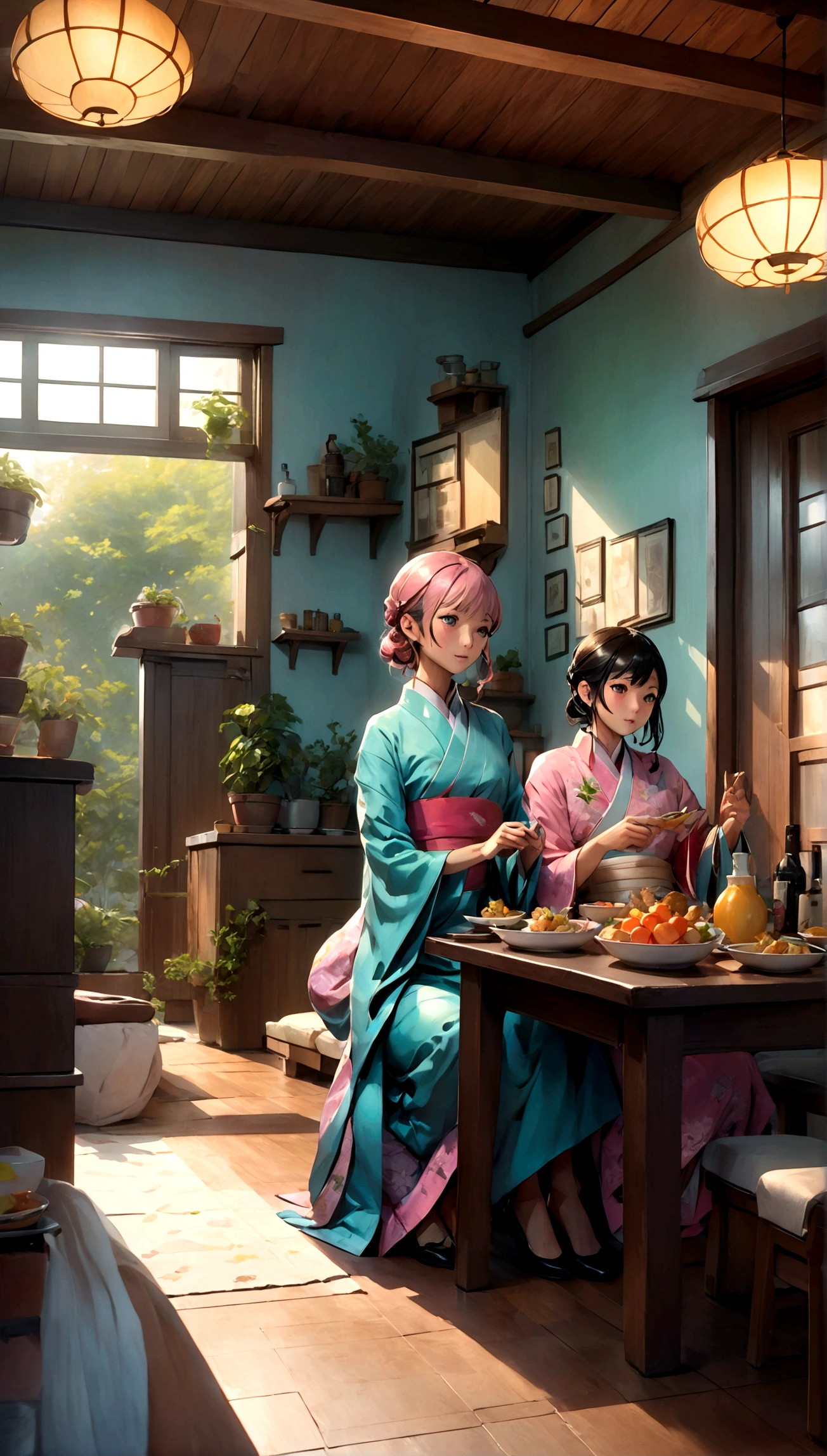 Ultra-high-resolution 8K portrait of a hyper-realistic J-POP styled home scene with a beautiful woman discussing dinner options with her family, extremely detailed, cinematic composition, trending on ArtStation