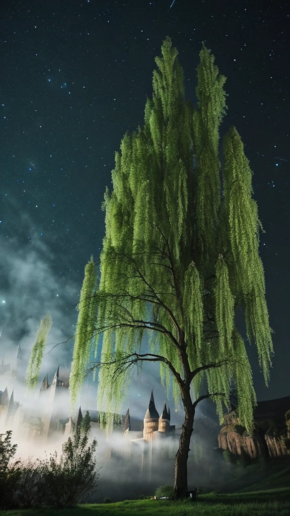 A large willow tree next to the white of Hogwarts,Night Sky,Harry potter,Rampage willow,Creepy,fog
