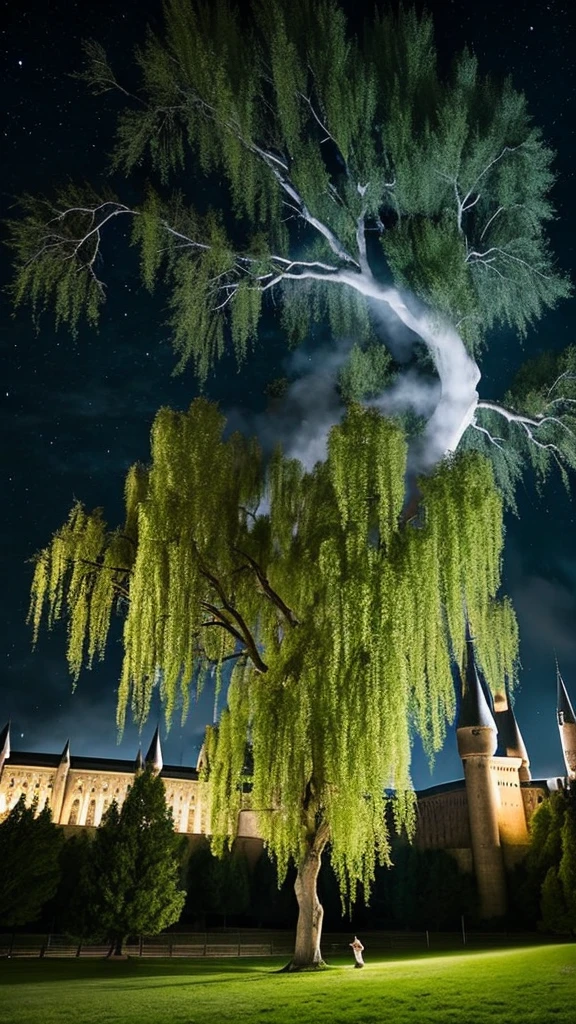 A large willow tree next to the white of Hogwarts,Night Sky,Harry potter,Rampage willow,Creepy,fog