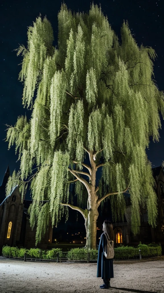 A large willow tree next to the white of Hogwarts,Night Sky,Harry potter,Rampage willow,Creepy,fog