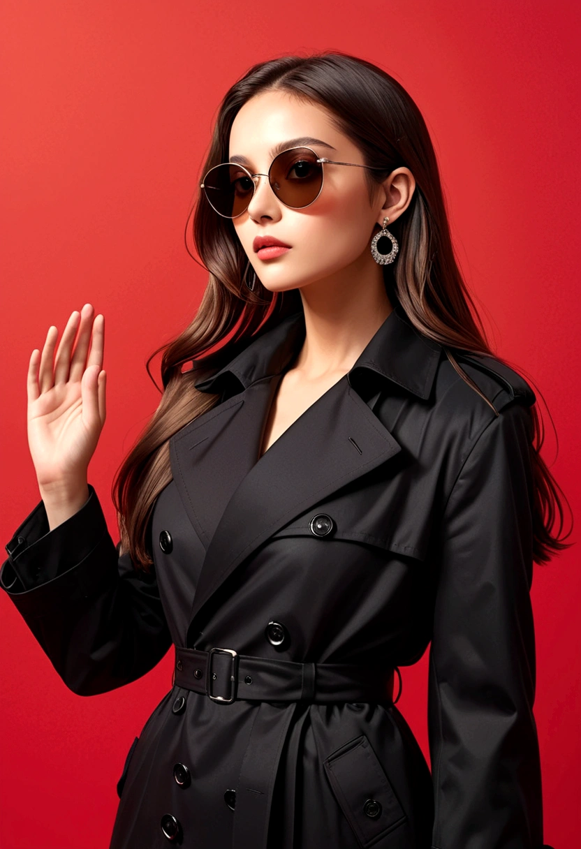 (masterpiece，high quality，8K).beautiful girl，Skin details，Bright Eyes，Straight long hair，sunglasses，Exaggerated earrings，Unique，Staring at the audience），（Black trench coat suit：1.37）。Photo poss，Raise your hands above your head，Pull ring，Look up from the bottom up，Light and Shadow，Clean and simple red background