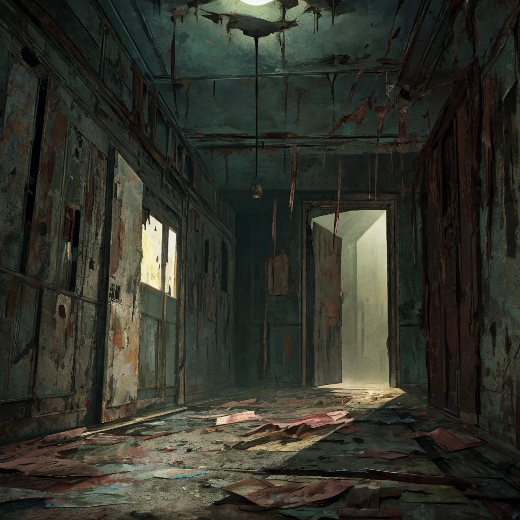 anime,kemono,wolf,abandoned, hallway, dim light, peeling paint, (creepy atmosphere), flickering bulb, rusted door, eerie silence, stained walls, (lost space)