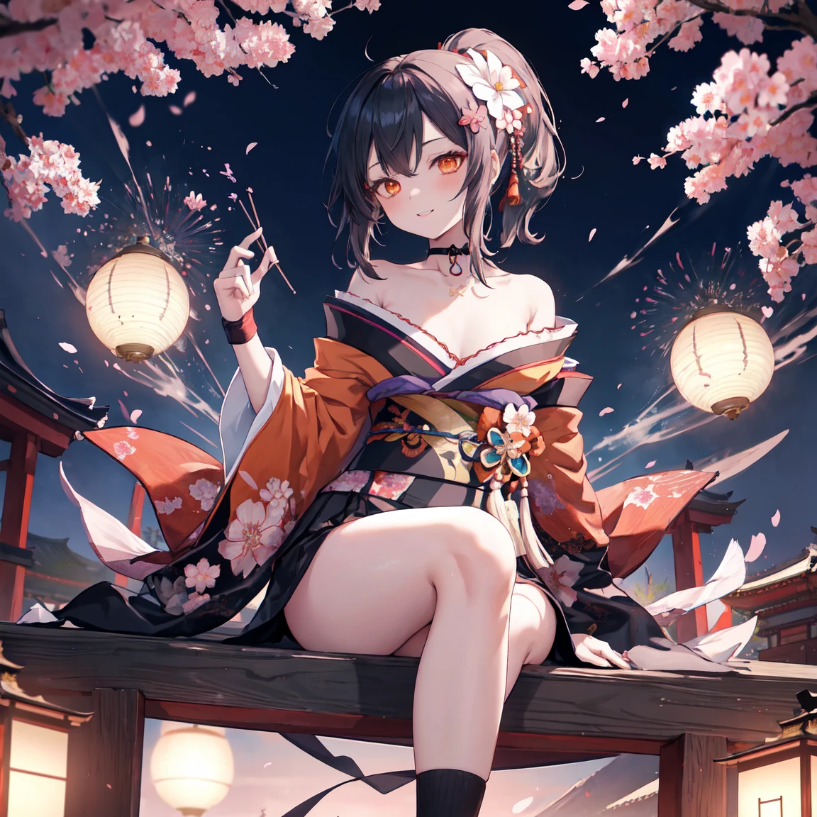 masterpiece,Best Quality,official art,Extremely detailed CG unity 8k wallpaper, (plano general),1 girl, (Miyu Edelfelt),change,black fur,Brown eyes,seductive smile,NSFW, barefoot, Transparent dress, mariposa, mariposa hair ornament, backless dress, chinese clothing,sleeveless, double bun,golden dragon print,pie barefoot,,elbow gloves,Bun, hair ornament,jewelry,earrings,beaded anklet,thin legs,nail polish, small breasts, Alone, toenail polish, toenails, toes, two tails,exterior,Chinese style architecture, Chinese style, lake, Old City, beautiful and meticulous water,The Red Lantern,Fireworks, sex