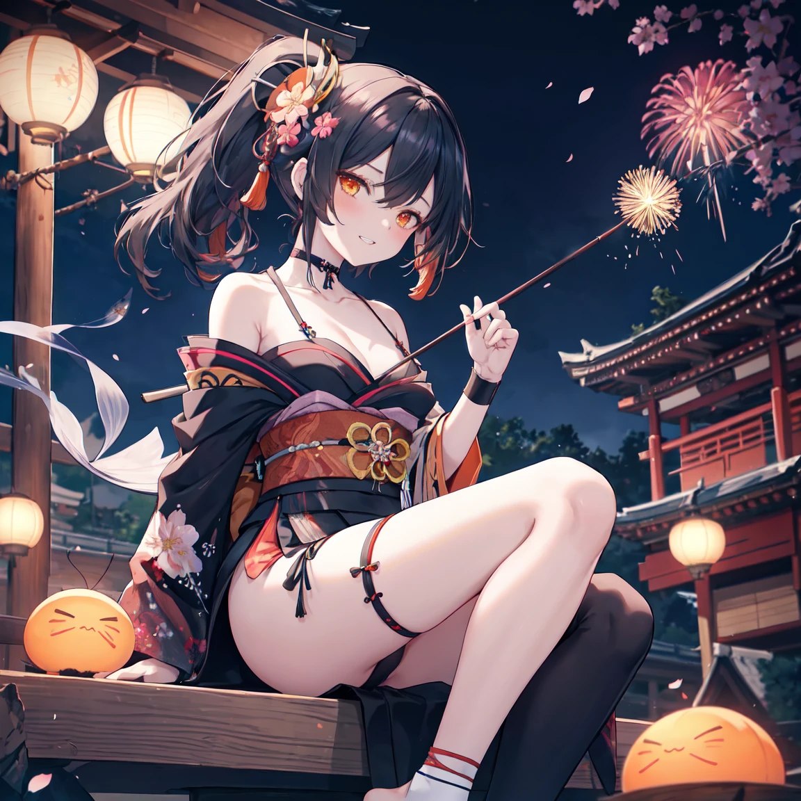 One Girl、Has pink and black hair、Hair Bun、Large Breasts、topless、No clothes、Full nudity,Big butt、Cleavage、Japanese anime style,By the pool、Night Scenery、Beautiful fireworks in the night sky、