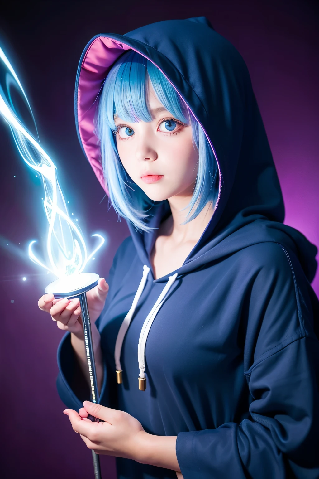Anime illustration style, light blue hair, long hair, large eyes, small mouth, cute face, purple eyes, 16-year-old cute girl, very large bust, profession magician, navy blue hooded robe, no hood on, dark corridor style background, full body image using magic