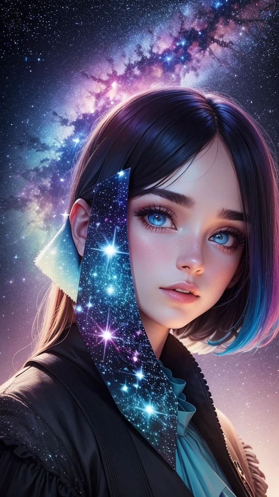 colorful forest, Sky with Stars,Glitter, a man and a Woman,faces