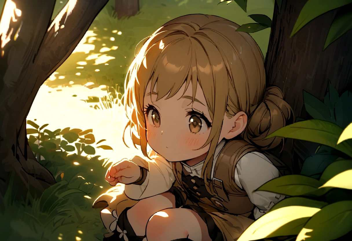 close up,Top view,sunshine,A boy and a little girl sitting under a tree