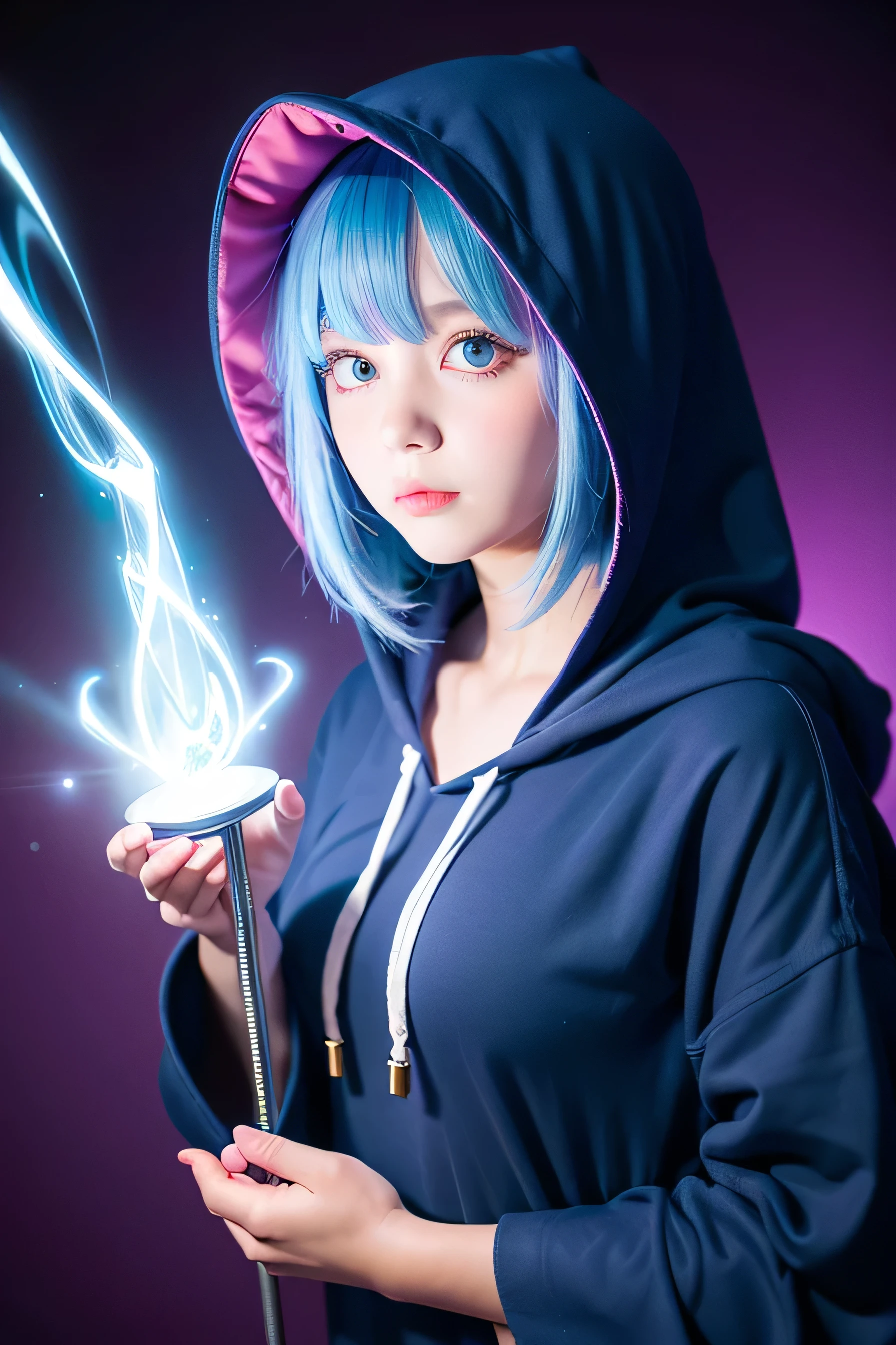 Anime illustration style, light blue hair, long hair, large eyes, small mouth, cute face, purple eyes, 16-year-old cute girl, very large bust, profession magician, navy blue hooded robe, no hood on, dark corridor style background, full body image using magic