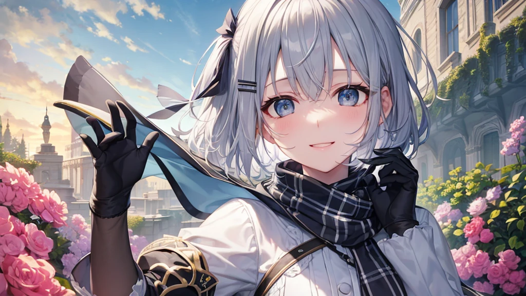Her eyes were shining、Mysterious and enchanting atmosphere。With AI Painting、とてもShort Hair, Long bangs between the eyes, Very detailed,(masterpiece、Highest quality)、alone、Gray Hair、Fantasy, Silver Hair, Fantasyな風景、White shirt、smile、Open your mouth、Scarf、short hair、Short Hair、hairpin、black eye、Grey Eyes、Beautiful Eyes