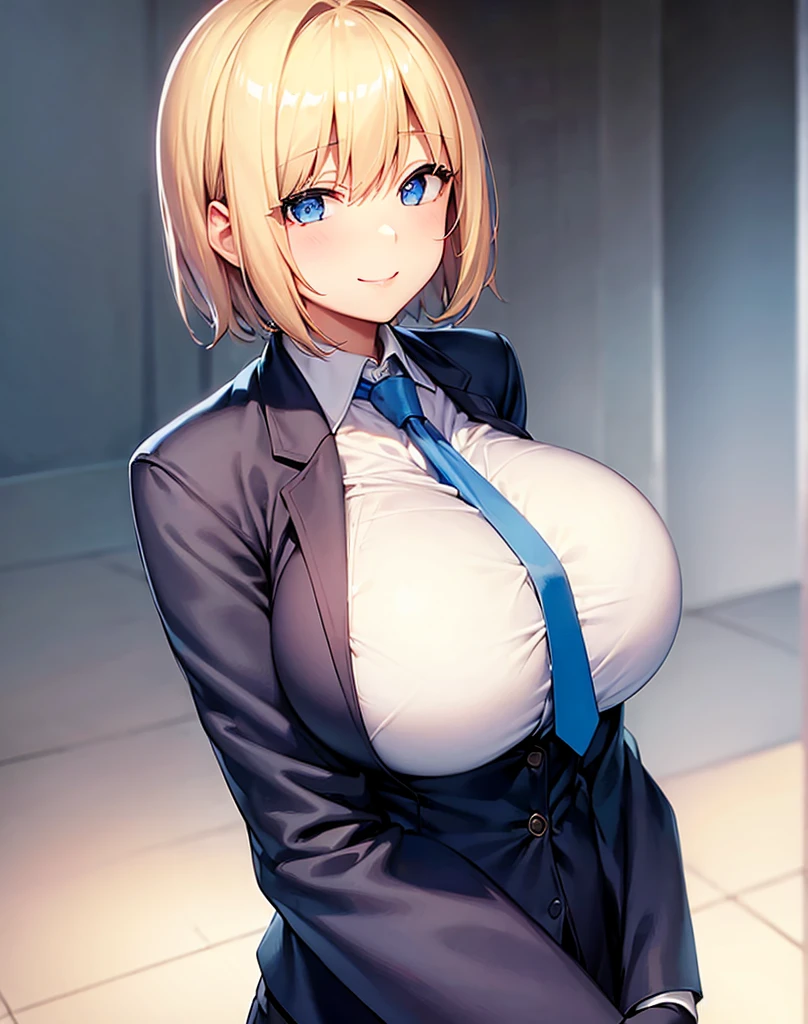 ((Huge breasts))、Blonde、Very short hair、blue eyes、Narrow waist、student、Navy blue blazer、slacks、necktie、Tall、Red cheeks、Perm、A confident smile、A beautiful woman in men's clothing