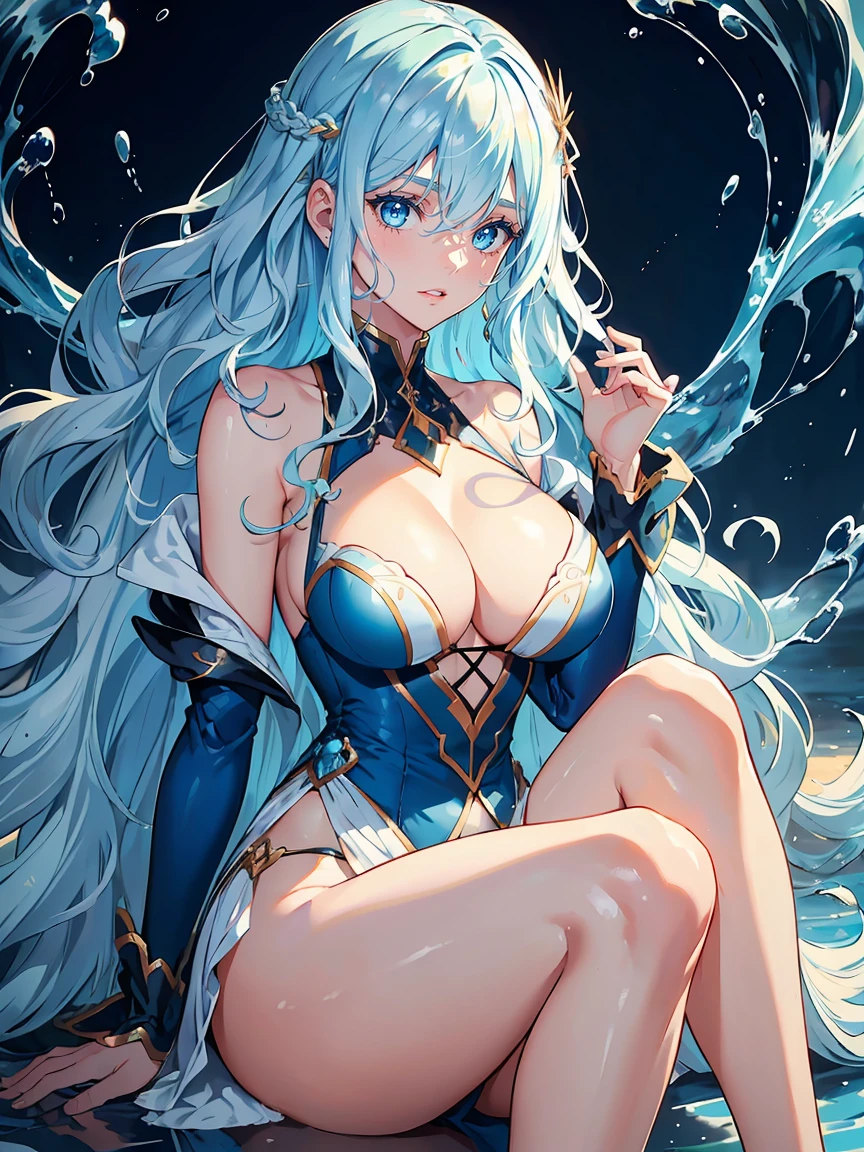 handsome girl，blue-eyes，blue pupils，Long blue hair，Hyperresolution，accuracy，Detailed rendering，（Subtle facial image）（Image of fine hair）（topquality）（Masterpieces of masters）（High degree of completeness）（A sense of atmosphere）tmasterpiece，Super detailed and super detailed（half-body portrait), long wavy blue hair, merfolk, (((larger breasts))), in water, (((tHICK WAVY HAIR)))(((ANKLE LENGTH HAIR)))(((fESTIVAL OUTFIT)))(((FESTIVAL DATE OUTFIT)))