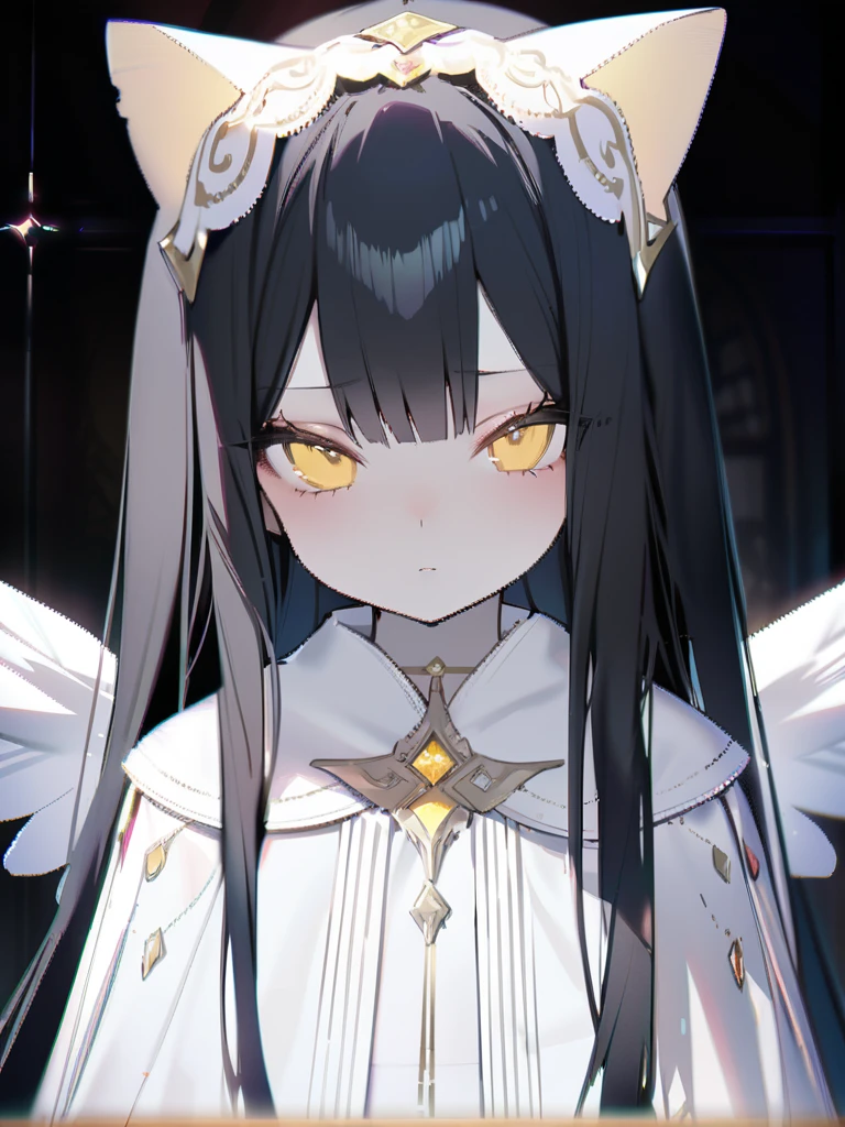 1 female、alone, little long hair、((black hair)),((yellow eyes))、cat ears,((big angel Wing)), Angel、white dress、From front、looking viewer、closed mouth,、beautiful skin、small face、highest quality、masterpiece、very detailed、malicious flow、