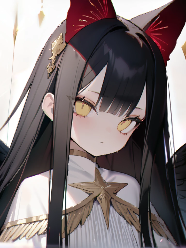 1 female、alone, little long hair、((black hair)),((yellow eyes))、cat ears,((big angel Wing)), Angel、white dress、From front、looking viewer、closed mouth,、beautiful skin、small face、highest quality、masterpiece、very detailed、malicious flow、