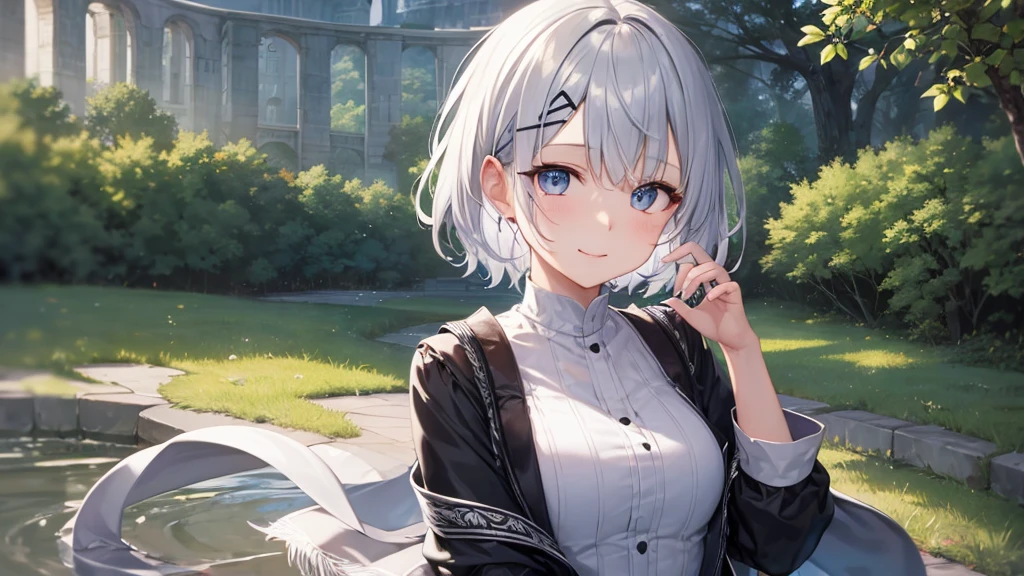 Her eyes were shining、Mysterious and enchanting atmosphere。With AI Painting、とてもShort Hair, Long bangs between the eyes, Very detailed,(masterpiece、Highest quality)、alone、Gray Hair、Fantasy, Silver Hair, Fantasyな風景、White shirt、smile、Open your mouth、Scarf、short hair、Short Hair、hairpin、black eye、Grey Eyes、Beautiful Eyes