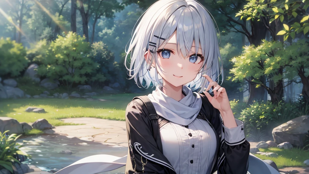 Her eyes were shining、Mysterious and enchanting atmosphere。With AI Painting、とてもShort Hair, Long bangs between the eyes, Very detailed,(masterpiece、Highest quality)、alone、Gray Hair、Fantasy, Silver Hair, Fantasyな風景、White shirt、smile、Open your mouth、Scarf、short hair、Short Hair、hairpin、black eye、Grey Eyes、Beautiful Eyes
