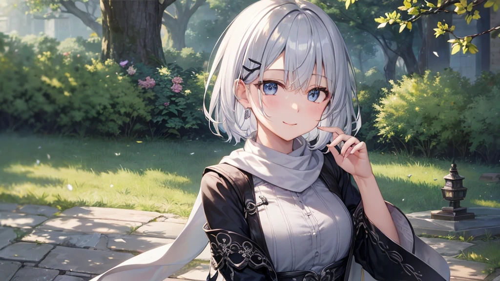 Her eyes were shining、Mysterious and enchanting atmosphere。With AI Painting、とてもShort Hair, Long bangs between the eyes, Very detailed,(masterpiece、Highest quality)、alone、Gray Hair、Fantasy, Silver Hair, Fantasyな風景、White shirt、smile、Open your mouth、Scarf、short hair、Short Hair、hairpin、black eye、Grey Eyes、Beautiful Eyes